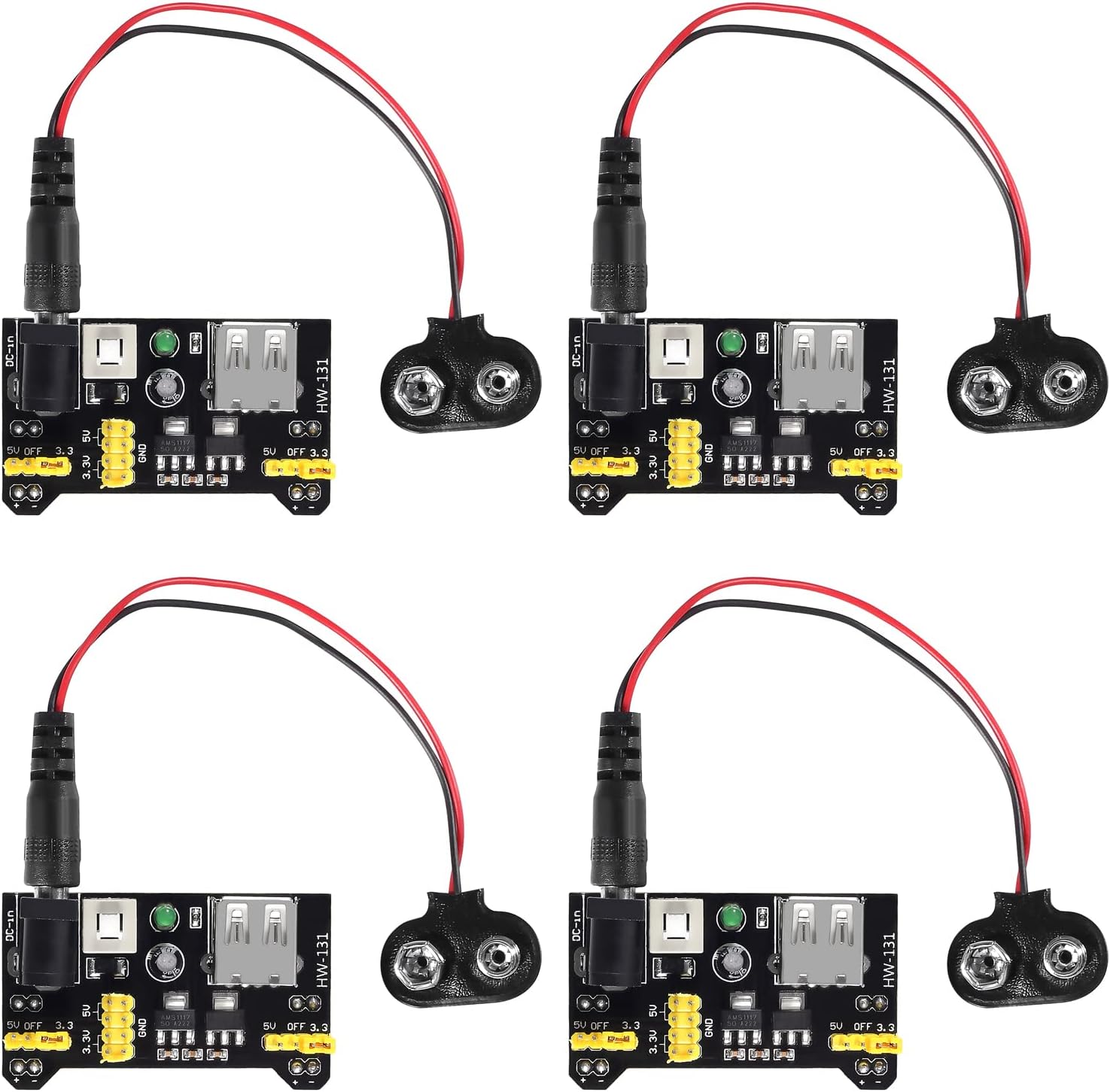 4 Stück MB102 lötfreies Steckbrett-Stromversorgungsmodul 3,3 V/5 V mit 4 Stück 9 V Batterieclip-Schnalle T-Typ-Stromkabel männlich 2,1 mm DC