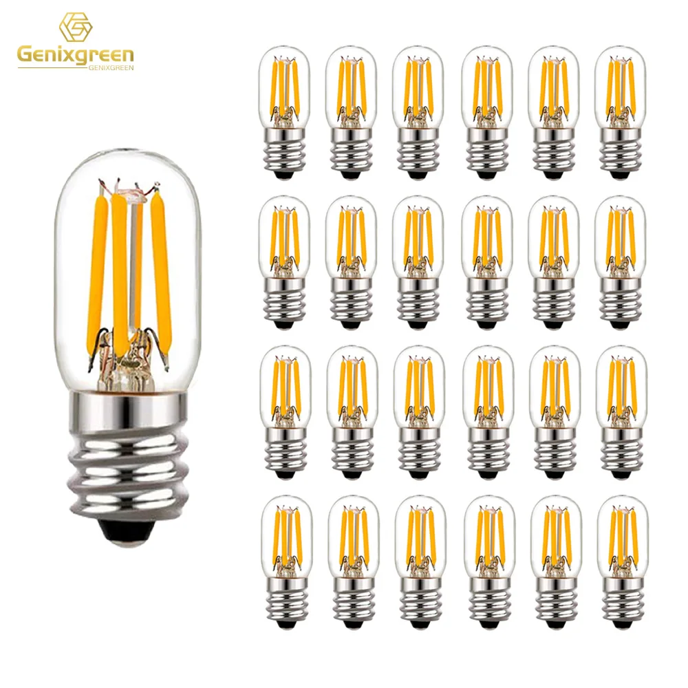 Bohlam LED Edison T20 2W Dimmable E12 E14 Bohlam Filamen LED Tabung Kaca Bening 2200K Lampu Malam Mini Gantung Kulkas