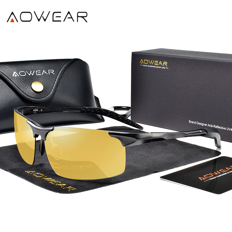 AOWEAR мужские поляризационные очки ночного видения для ночного вождения без оправы алюминиево-желтые солнцезащитные очки для ночного водителя антибликовые очки