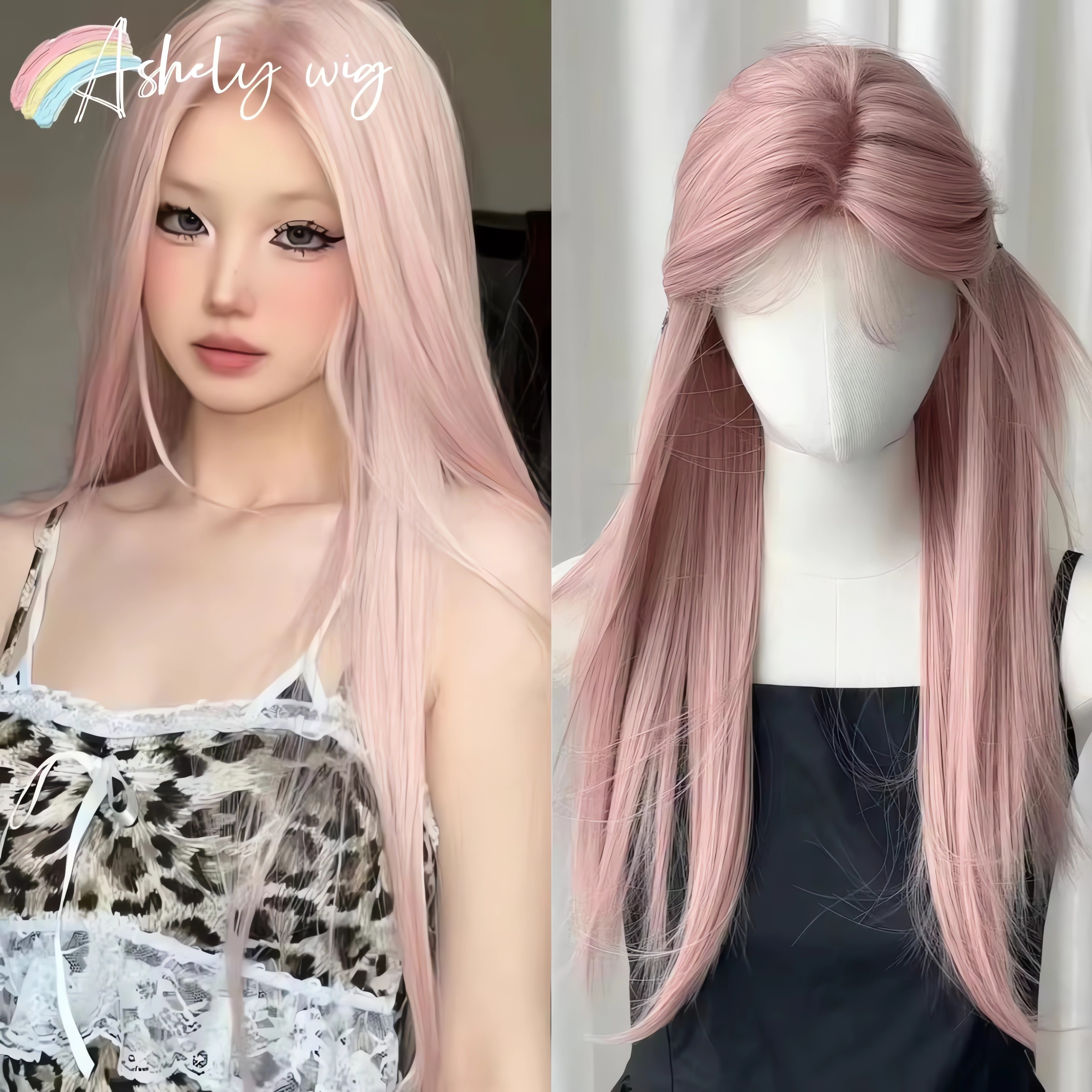 Peluca rosa Ashely, peluca rosa larga y recta de Lolita para mujer, diadema, pelucas sintéticas, Pelucas De Fiesta, pelucas en promoción, Lolita 가