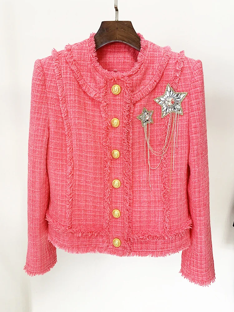 HIGH STREET Novedad 2026 Chaqueta de Tweed con Borlas y Pedrería de Diamantes para Mujer, Diseño de Pasarela