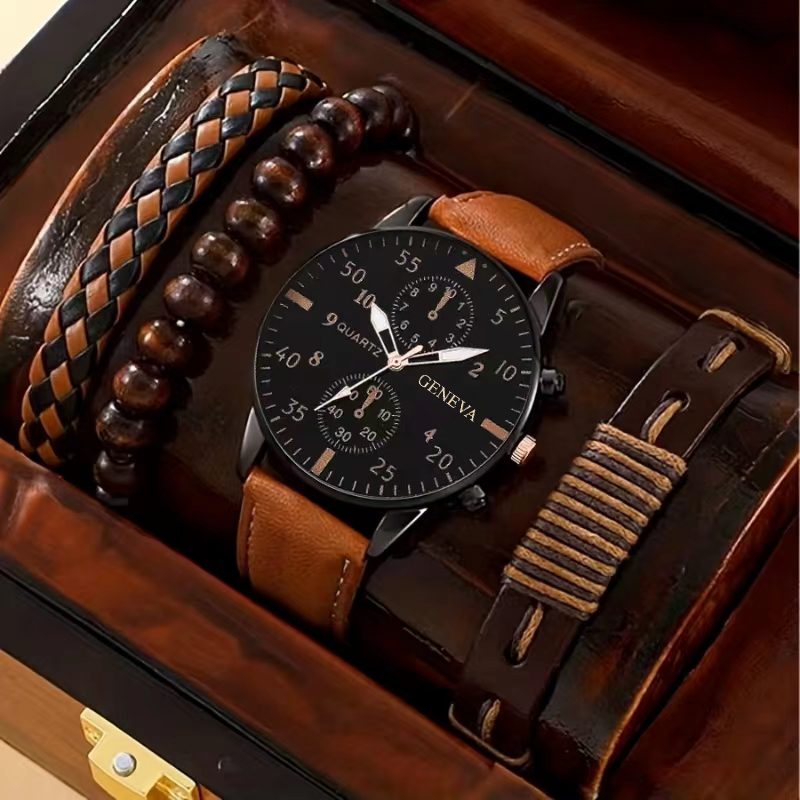 Masculino Conjunto de Relógio Quartzo e Braceletes, Fashion Business, Casual, Redondo, Ponteiro, Calendário, Acessórios, 4pcs