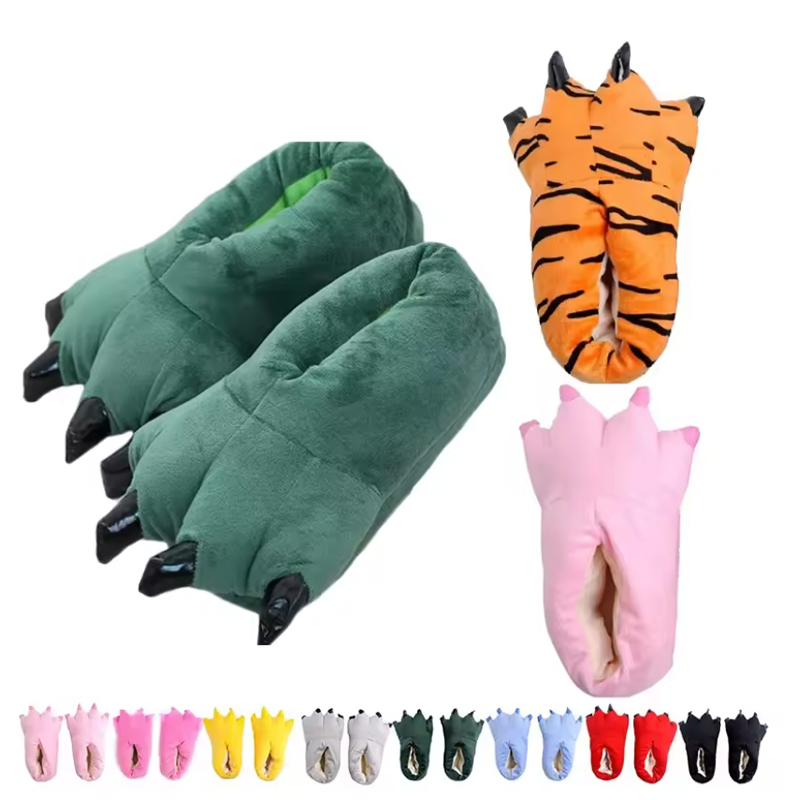 Zapatillas de interior suaves y cálidas para hombre y mujer, zapatos con pata, Animal divertido, monstruo de Navidad, garra de dinosaurio, forro aleatorio de felpa para el hogar, invierno