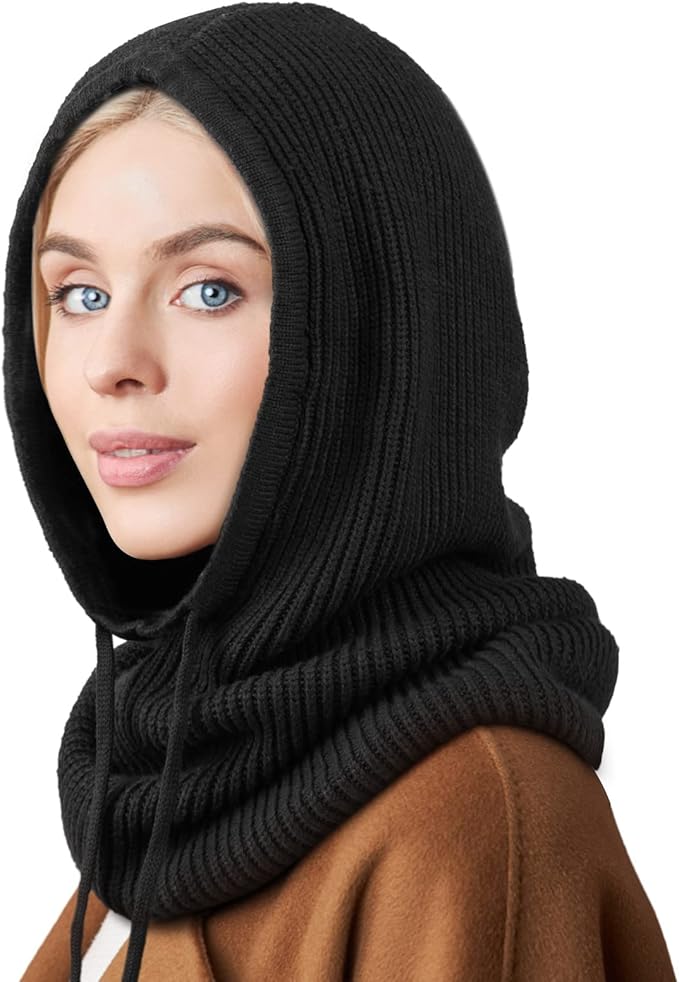 Gorro de punto con capucha, pasamontañas de punto, estilo coreano al aire libre, bufanda cálida con capucha y cordón ajustable