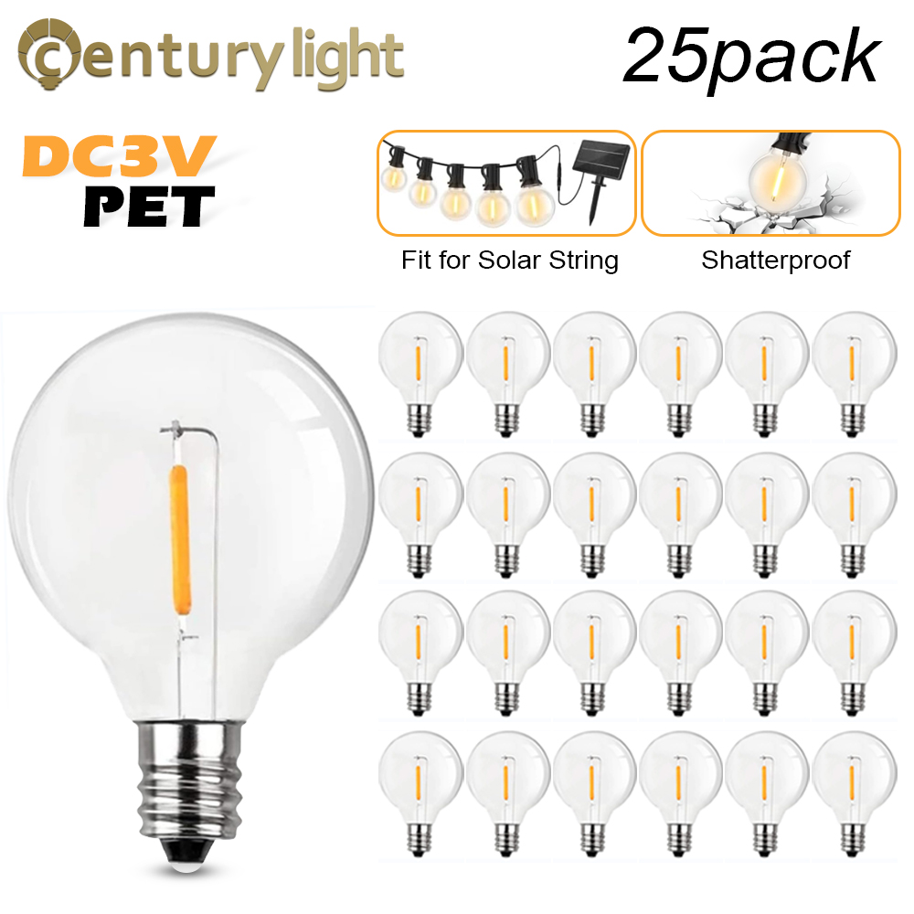 Lâmpada LED G40, E12 Base, lâmpada de filamento de plástico PET, DC 3V, 1W, bola de globo branco quente, lâmpada LED de substituição para luz solar