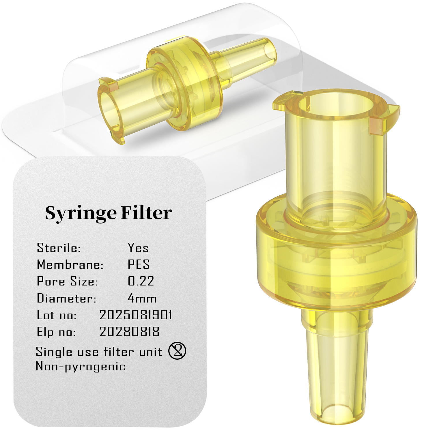 Steriele hydrofiele spuitfilters, PES-membraan 0,22 μm poriegrootte, 4 mm diameter, 10 stuks/25 stuks/100 stuks individueel verpakt door Ks-Tek