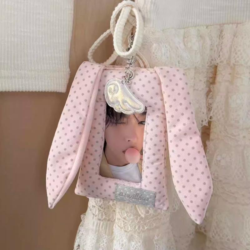 Porte-cartes Y2K à pois avec oreilles de lapin, porte-photocard Kpop de 3 pouces, cadeau, pendentif de sac style coréen