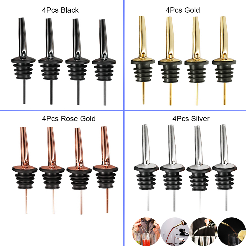 4 pces preto/rosa ouro/prata derramadores de licor, derramadores de garrafa de licor de aço inoxidável para álcool, acessórios de barra despeje bicos