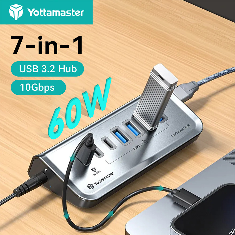 Yottamaster 10Gbps Hub USB 3.2 Docking Station Transfer Data 7 Port Adaptor PD 60W Tipe-C USB A Splitter untuk PC Laptop Keyboard