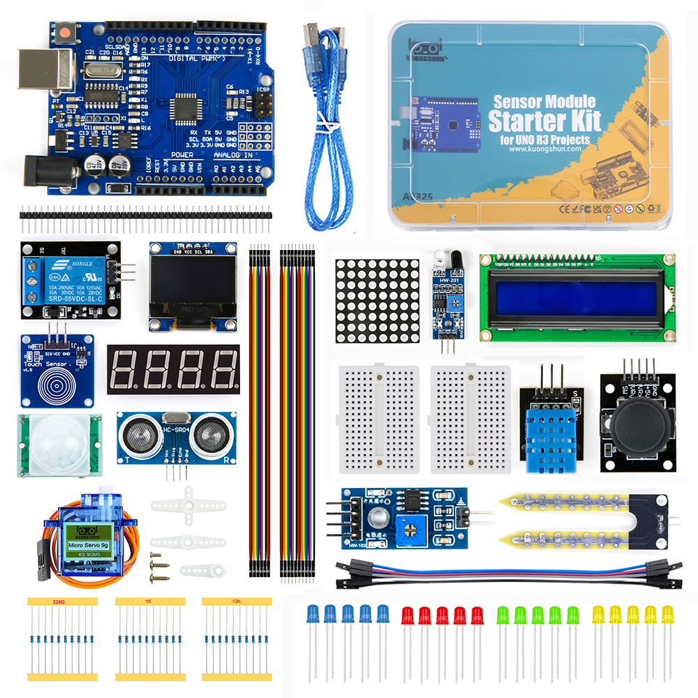 Zestaw startowy modułów czujnikowych KUONGSHUN dla Arduino, zestaw R3 0.96 OLED 1602 LCD Display z tutorialami dla Arduino Uno