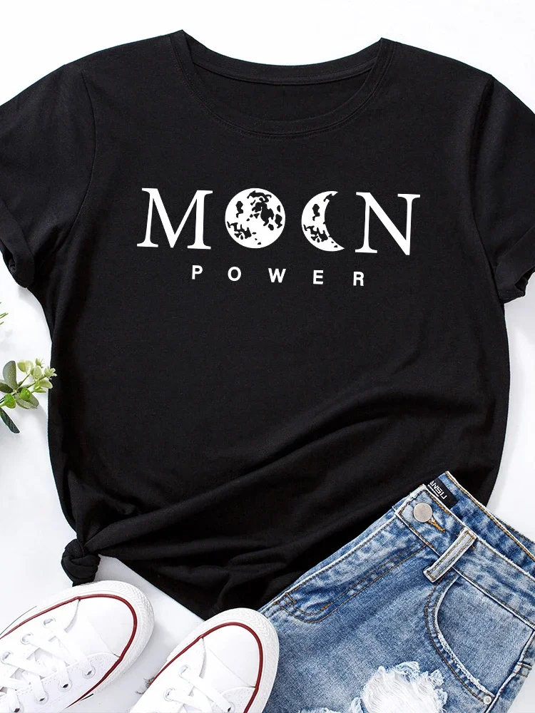 Maglietta con stampa Moon Power Maglietta da donna manica corta O collo Maglietta allentata Maglietta causale da donna estiva Top Camisetas Mujer
