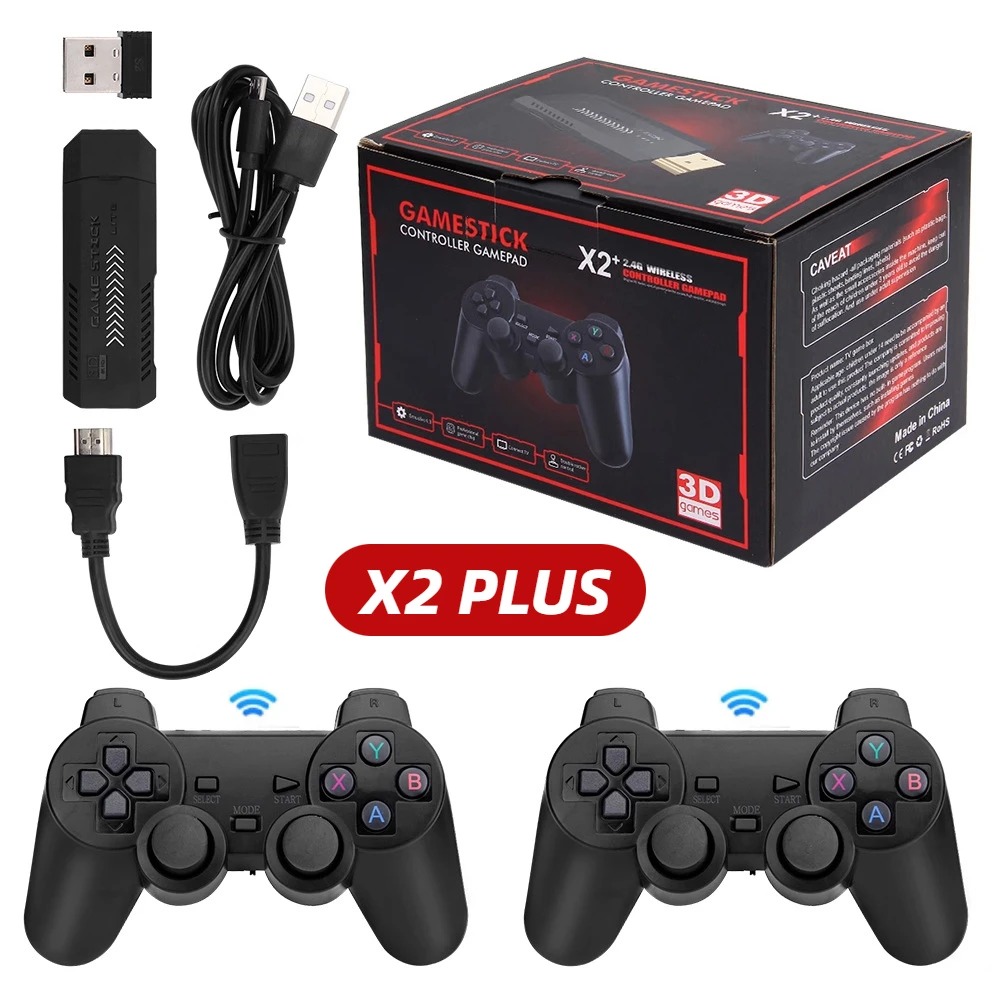 New X2 Plus Game Stick 4K HD Video Game Console 2.4G Double Wireless Controller Game Stick For N64/PSP/PS1/GBA
