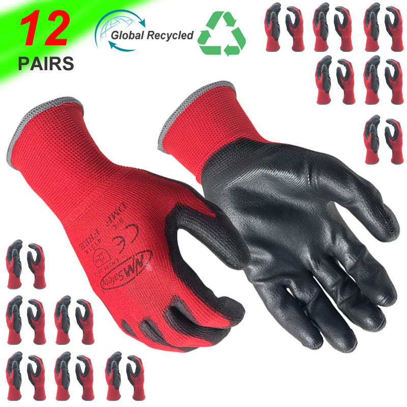 24 piezas/12 pares de guantes de seguridad para hombre de jardín con tejido de nailon rojo sumergido PU recubierto de nitrilo palma guantes de trabajo protectores de seguridad