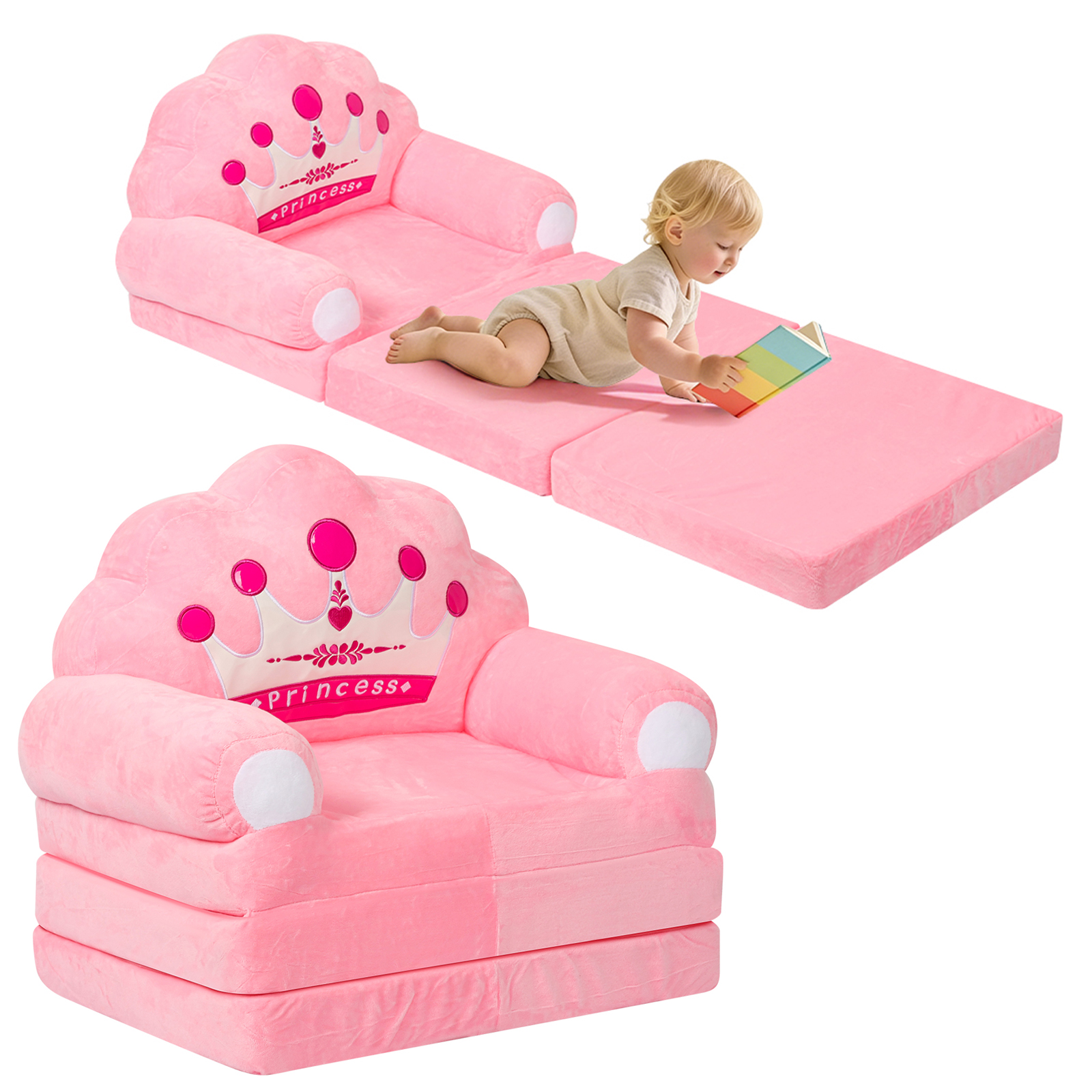 2 in 1 折りたたみ式キッズソファベッド ベビーシートチェア フォーム入り幼児用スリーピングカウチ 読書用アームチェア 読書やリラックスに最適 保育園向け