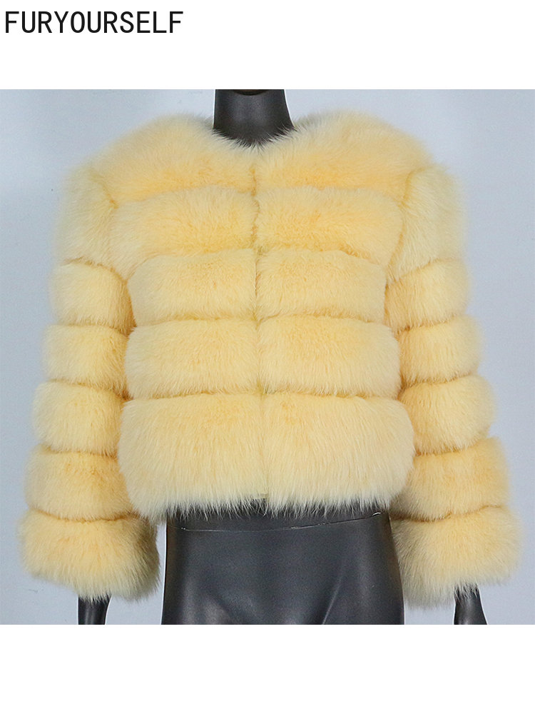 FURYOURSELF-abrigo de piel de zorro Real para mujer, chaqueta de invierno, prendas de vestir exteriores de piel de zorro Natural, cuello redondo, manga de tres cuartos, cálido, lujo, nuevo, 2023
