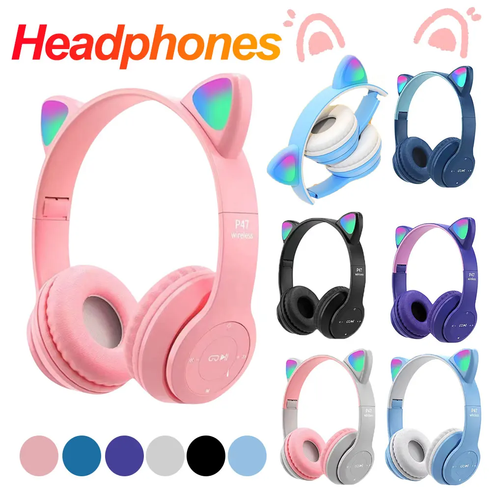 Flashing LED Cute Cat Ears Headphones Bluetooth Wireless Headset with Mic P47M Kid Girl Stereo Music Earbud Sports Headphones