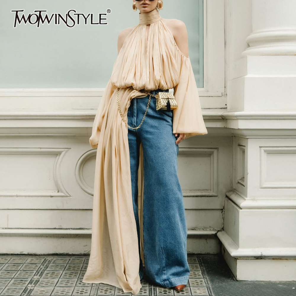 TWOTWINSTYLE Blouse tendance abricot à col roulé et accent plissé pour femme, haut à manches oversize épaules dénudées pour un style urbain