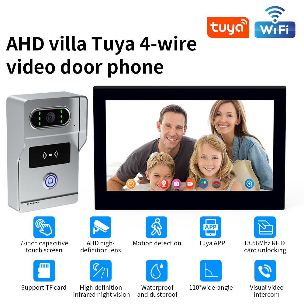 System wideodomofonowy 2.4G Wifi Tuya 1080P, wideodomofon z kamerą, 7-calowy ekran dotykowy, obsługa kart SD do 32 GB, do domu.
