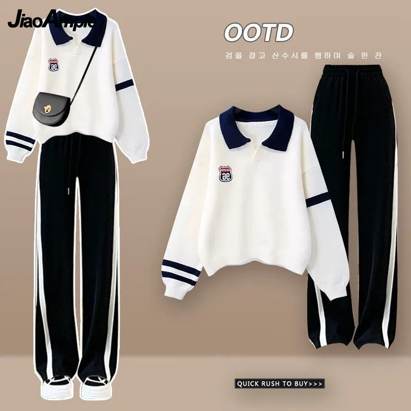 Dames 2026 Lente Herfst Nieuwe Poloshirt Trui + Casual Sportbroek Tweeledig Koreaans Elegant Trainingspak Set