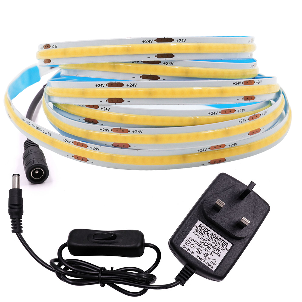 Nueva tira de luces Led COB de 12V con interruptor, Kit de alimentación, enchufe para EE. UU., UE, Reino Unido, AU, cinta de luz Flexible Ra90 320 Leds, iluminación lineal de alta densidad