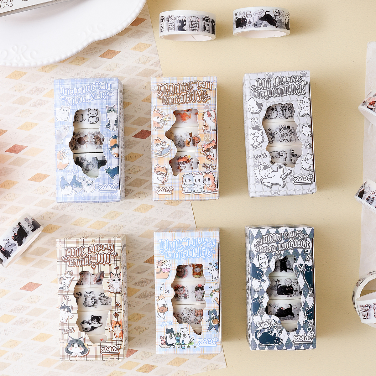 Juego de 5 rollos de cintas washi con estampado de animales, patrón creativo de gato, manual DIY y cinta decorativa para álbum de recortes