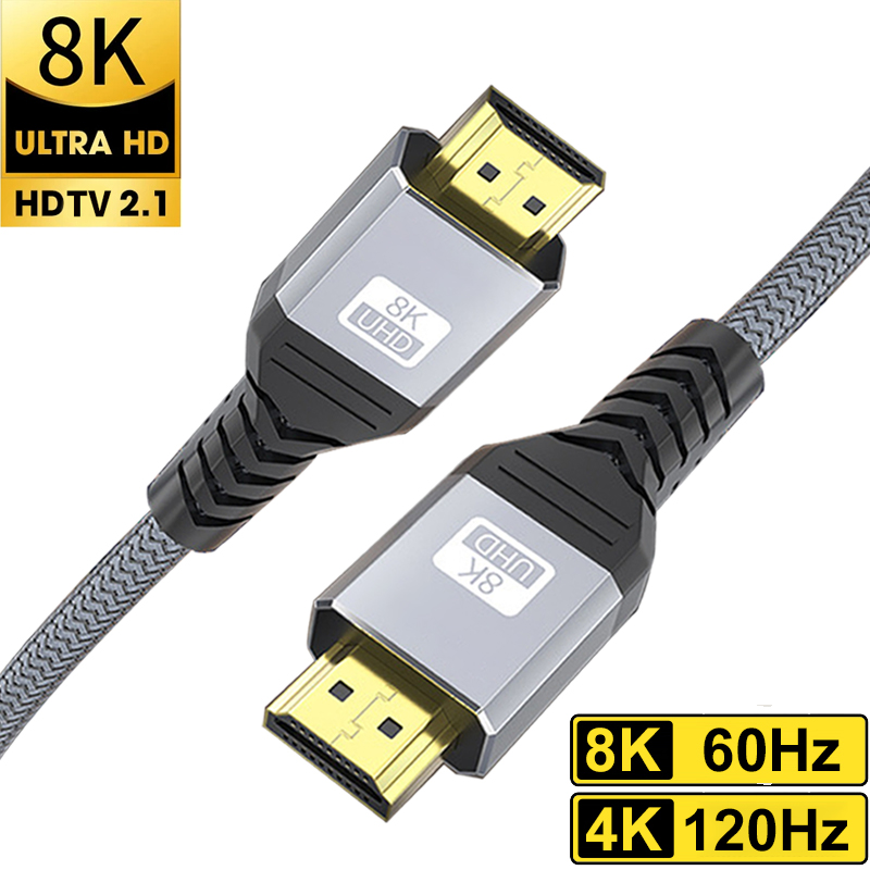 Câble 2.1, 8K, compatible HDMI, 4K @ 120Hz, 8K @ 60Hz, 48Gbps, Audio vidéo haute vitesse, cordon tressé HDMI pour PC, ordinateur portable, projecteur, TV HD PS5