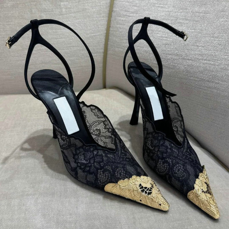 Sapatos Femininos 2026: Scarpin Sexy de Bico Fino com Renda, Lantejoulas e Recortes em Tela, Salto Baixo, Estilo Slingback, Design de Grife