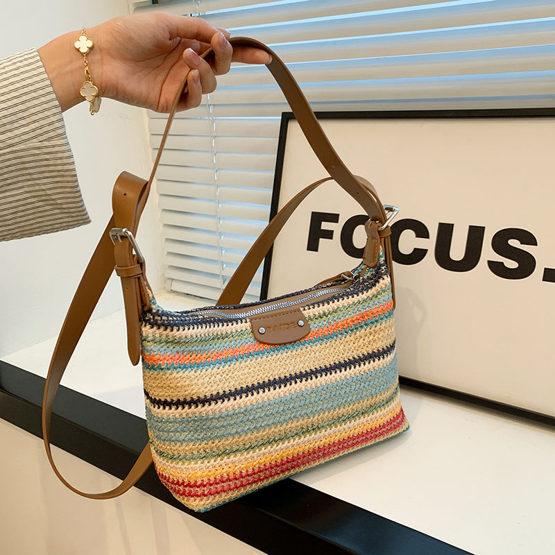 Bolsa tecido palha arco-íris para mulheres, bolsa de praia vintage, axilas, ombro, tiracolo, moda feminina, verão, novo, 2024