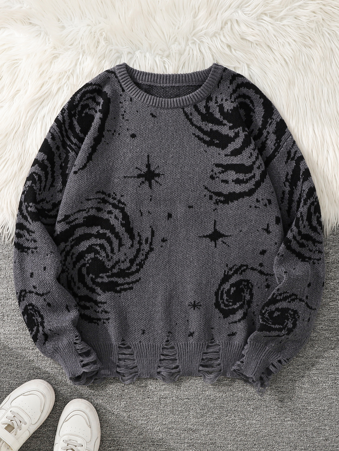 Maglione da Uomo Autunno-Inverno Stile Street con Motivo Astratto Cielo Stellato, Pullover Strappato Casual con Collo Tondo, Vestibilità Regolare, Adatto per le Stagioni Autunnali e Invernali