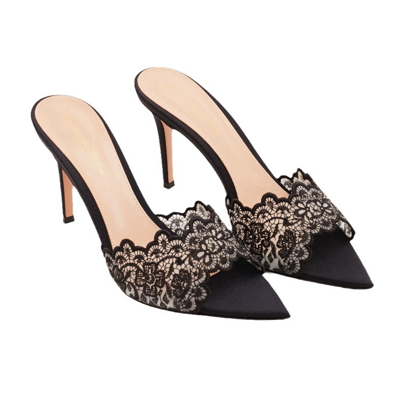 Neue Sommer-Damen-Sandalen mit hohen Absätzen, sexy und bequeme, mit Spitze bestickte Schuhe, Pantoletten, Bankettschuhe