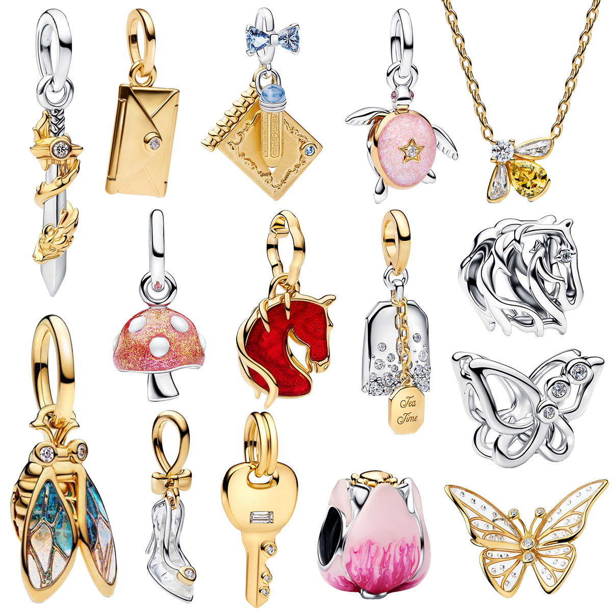 Abalorio de Plata 925 con diseño de Zapatilla de Cristal, Sobre Rosa, Tulipán Floral, Llave Dorada, Espada, Abeja, Cigarra y Mariposa, para Collares y Pulseras