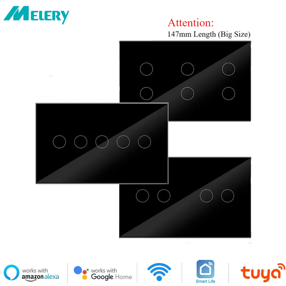 Melery 147mm WIFI Saklar Dinding Tuya Smart 4/5/6 Gang Panel Kaca Sentuh Lampu Kontrol Suara Nirkabel oleh Alexa Google Home