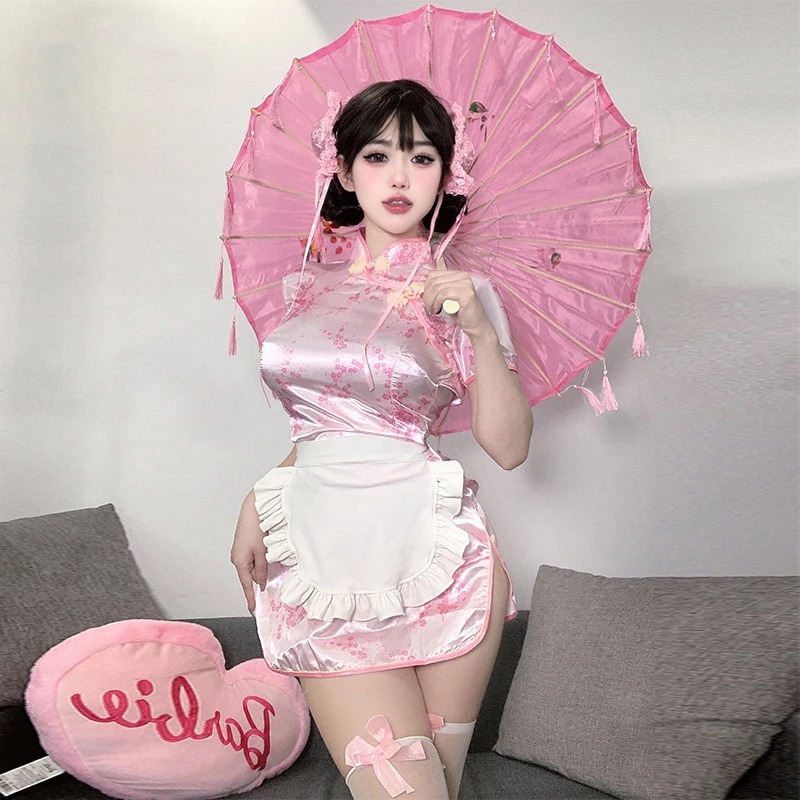 Sexy chinesische Frauen Cheongsam süße Maid Rollenspiel Outfit Schürze Kleid Uniform Kawaii Anime kleiner Chef Qipao Cosplay Kostüm