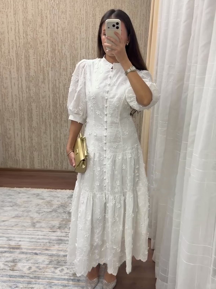 Retro Sukienka Midi z Kwiatowym Wzorem, Zapinana na Guziki, z Bufiastymi Rękawami, Dopasowana, z Krótkim Rękawem, Modna Sukienka Damska na Lato 2026, Elegancki Strój dla Kobiet