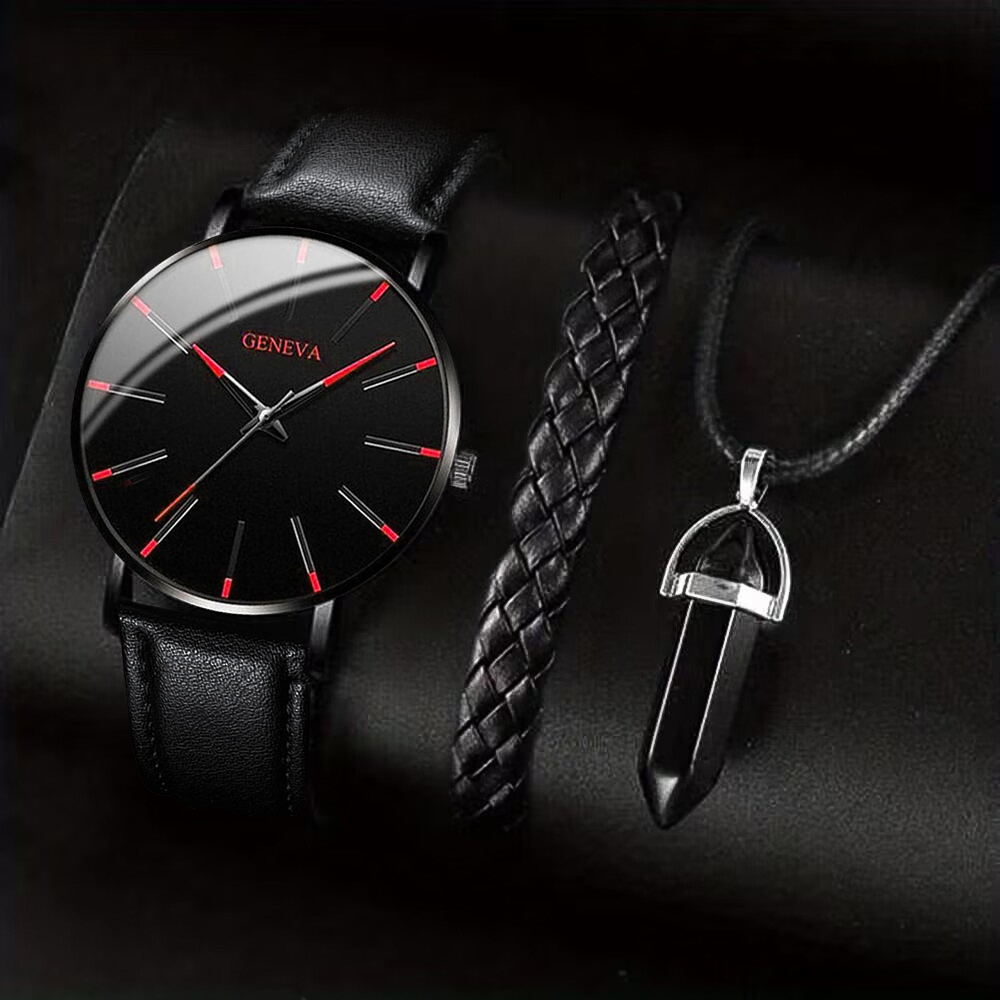 3 pçs/set moda masculina relógio casual pulseira de couro quartzo relógio de pulso masculino relógios de negócios pulseira colar conjunto