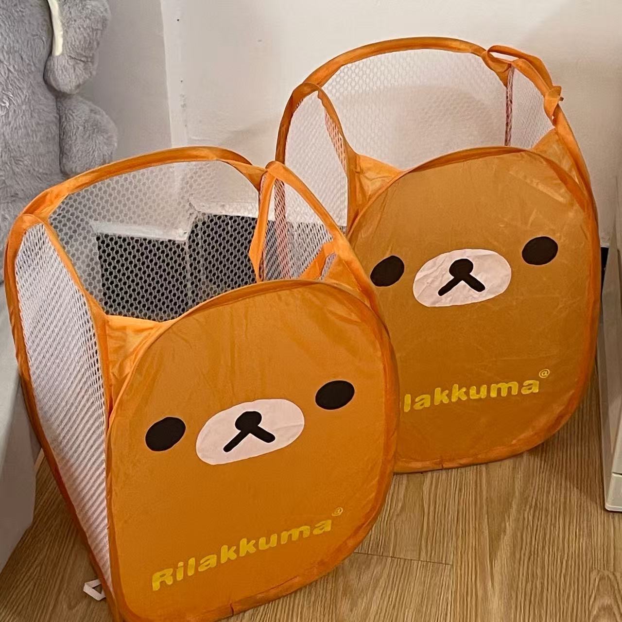 Quente japão rilakkuma malha dobrável grande capacidade cesta de lavanderia dos desenhos animados quadro de armazenamento portátil dormitório cesta de lavanderia doméstica