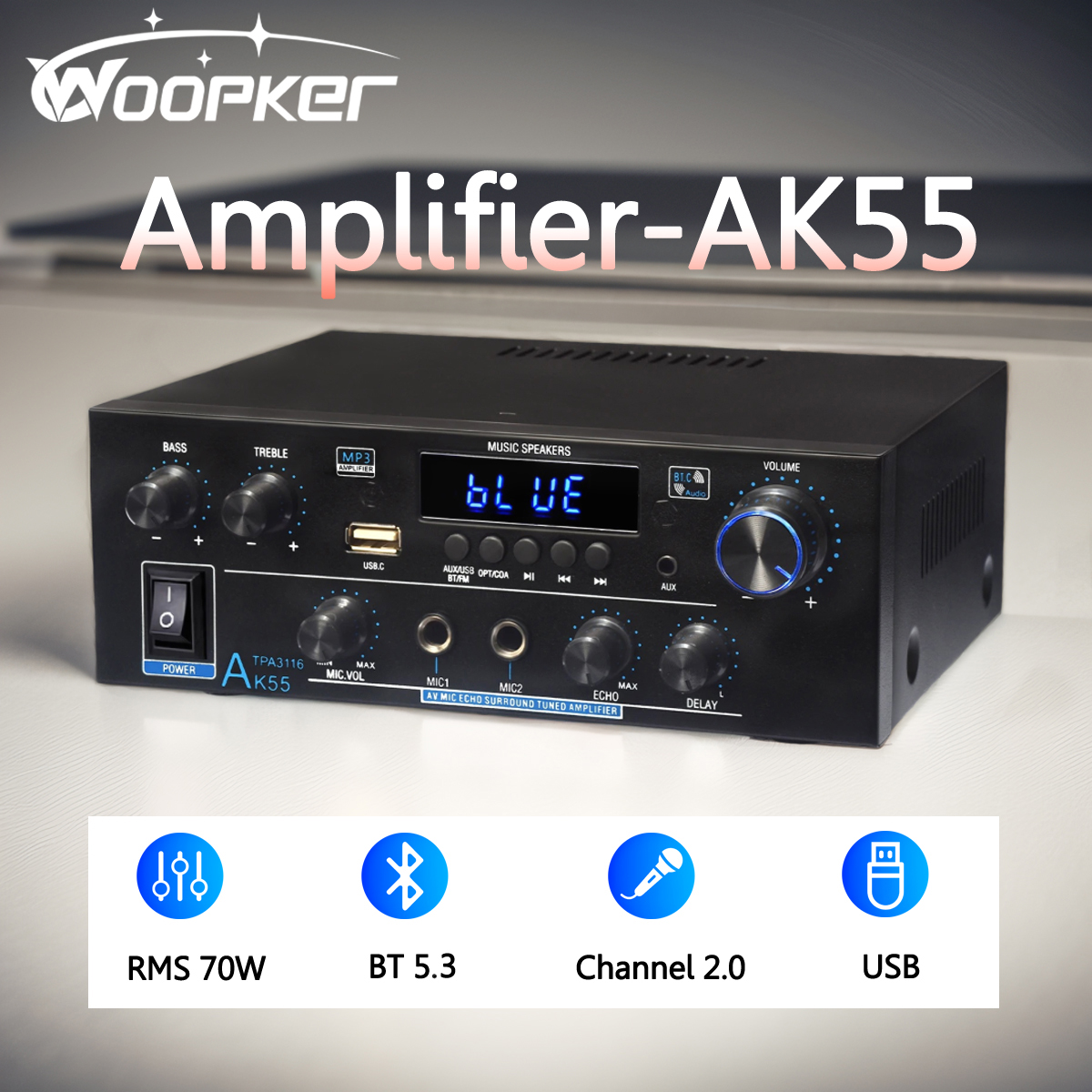 Аудиоусилитель Woopker AK55 HiFi Stereo Channel2.0 RMS70W*2 Bluetooth 5.3, поддержка AUX/OPT/RCA, усилитель мощности сабвуфера