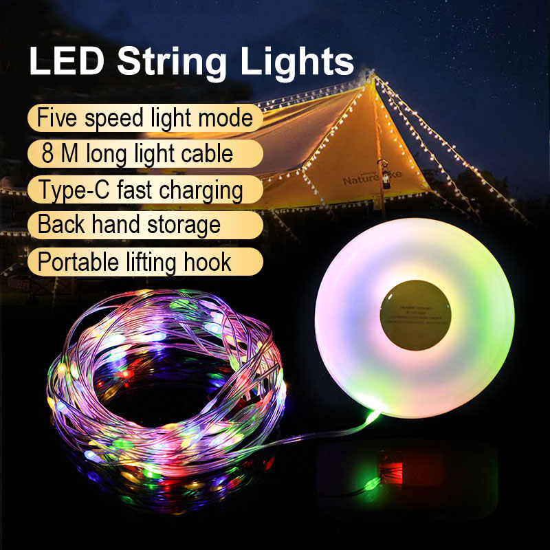 LED-Lichterkette, tragbar, Camping-Lichter, 1800 mAh, wiederaufladbar, 8 m, Außenatmosphäre, Zelt, Hochzeit, Weihnachten, Dekor, Streifen, Sternlampe