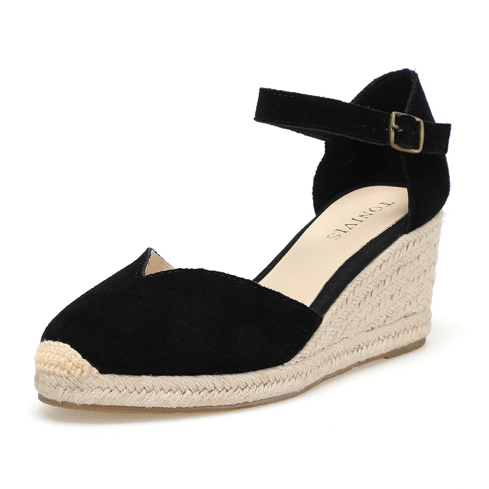 Buty na koturnie Sandały damskie z prawdziwej skóry z owijką na kostkę i 5-8 cm dla pań