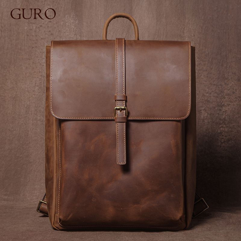 GURO – sac à dos rétro en cuir véritable pour hommes et femmes, sac de voyage à rabat Simple, en cuir de vache naturel, cartable de luxe, sacs à dos de banlieue quotidiens