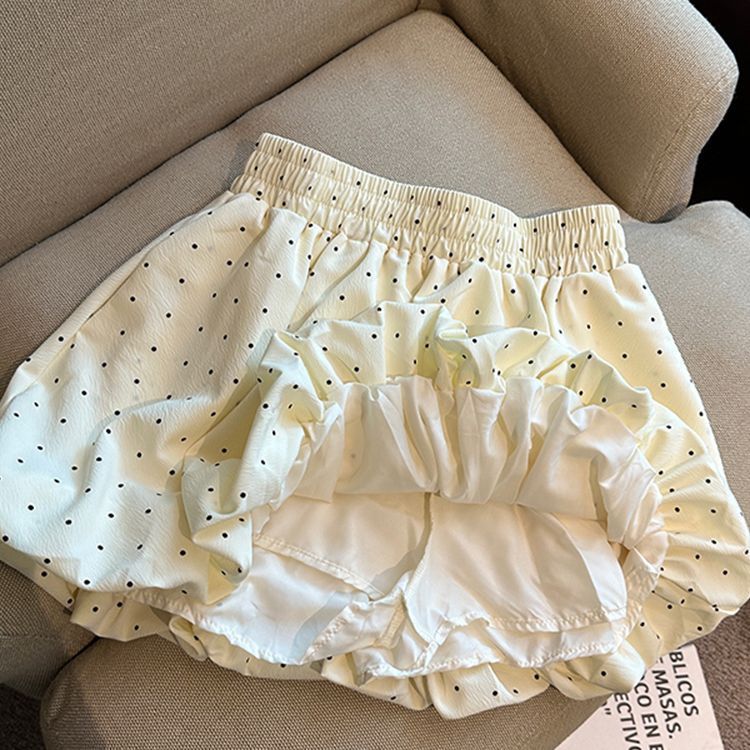 Doce polka dot flor bud saia meia saia para mulheres verão de cintura alta a linha saia inchada petite anti-exposição saia plissada