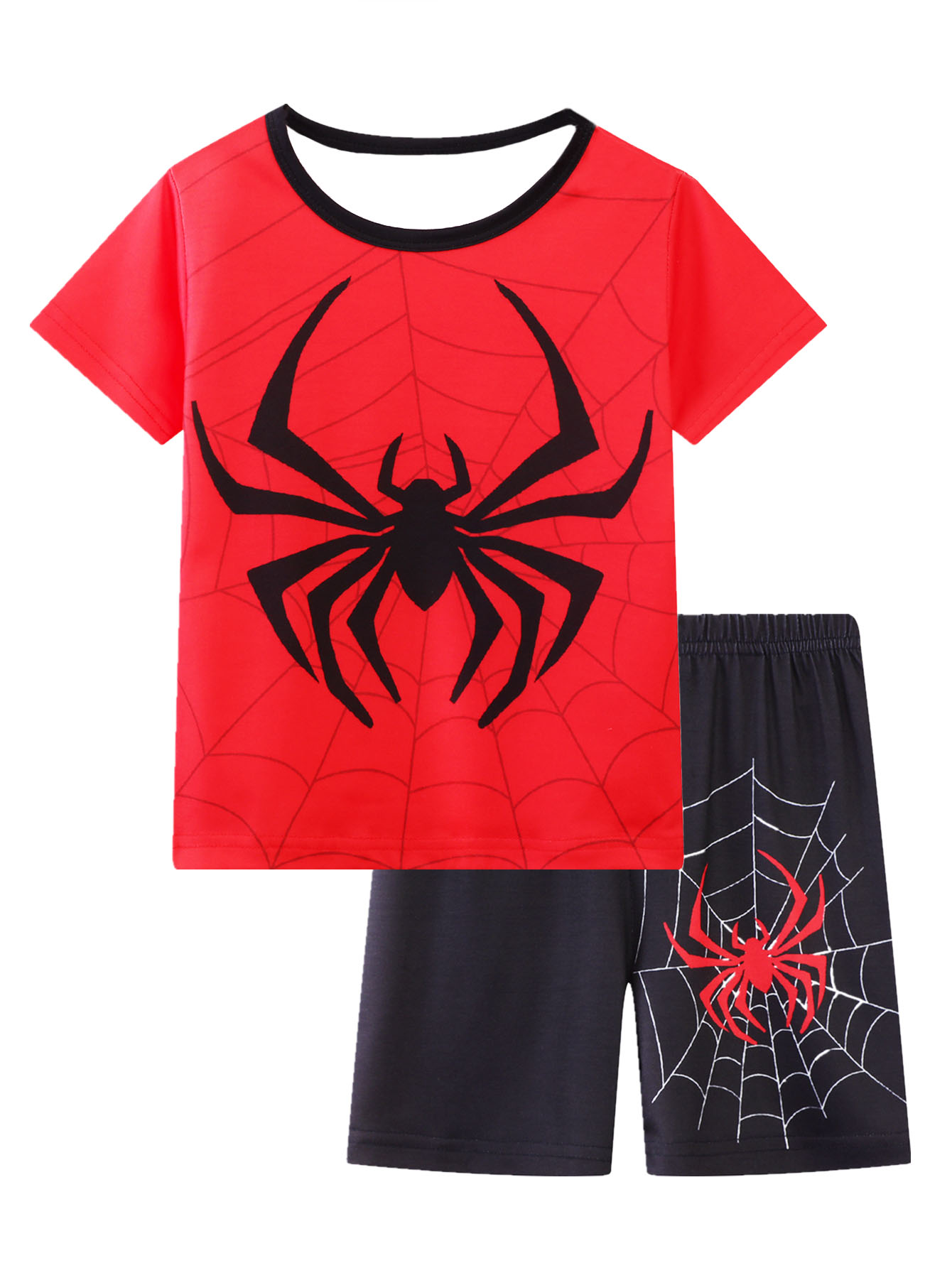 Conjunto de pijama de 2 piezas para niños, Top y pantalones cortos de manga corta con estampado de araña, ropa de estar por casa para todas las estaciones