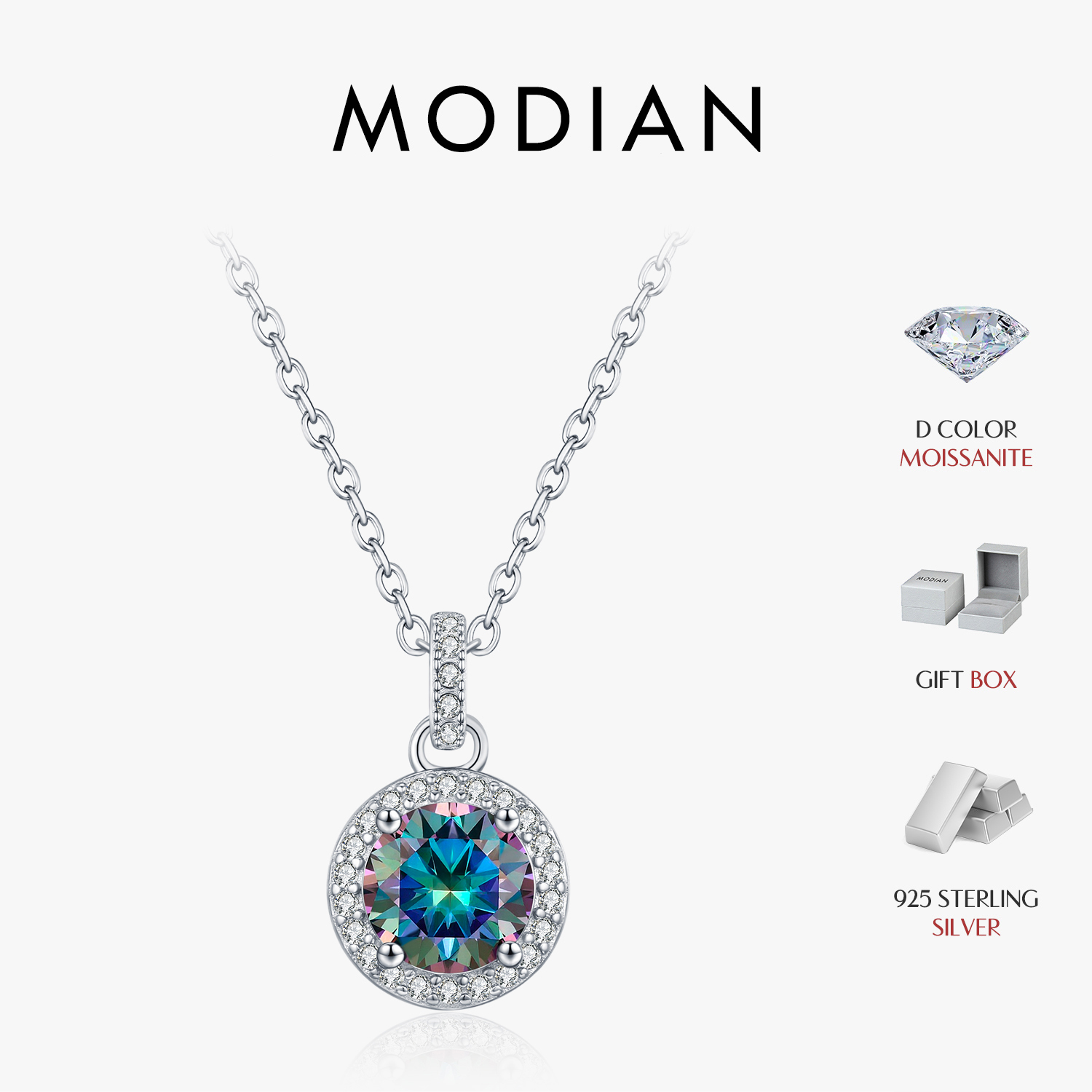 MODIAN 1CT multicolore rond Moissanite colliers 925 en argent Sterling luxe classique pendentif collier pour les femmes bijoux fins