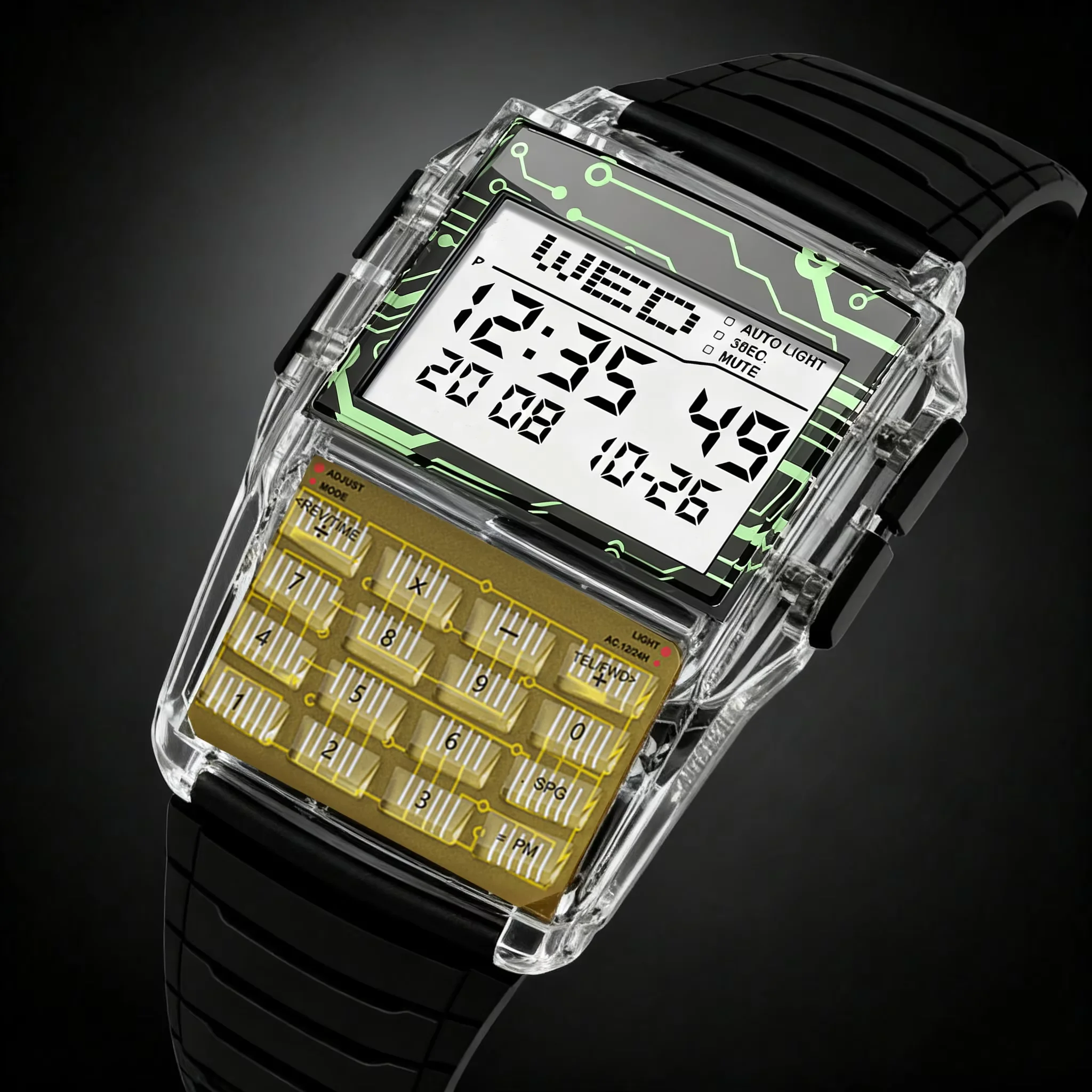 Reloj de plástico con caja transparente para hombre, reloj con calculadora multifunción, reloj LED luminoso, reloj de lujo para hombre, estilo ordenador