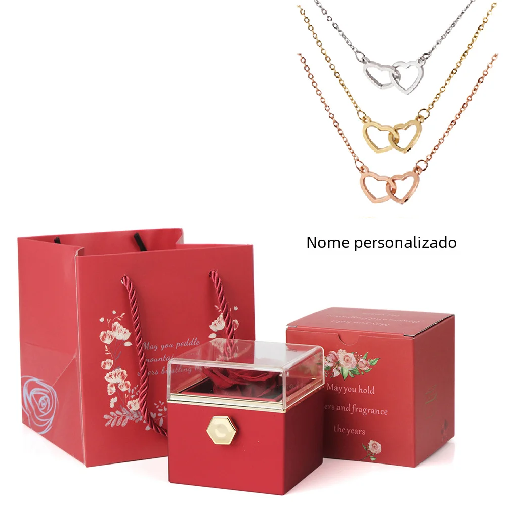 2024 novo presente do dia dos namorados personalizado para as mulheres duplo coração gravado nome colar de aço eterna rosa caixa anel de casamento