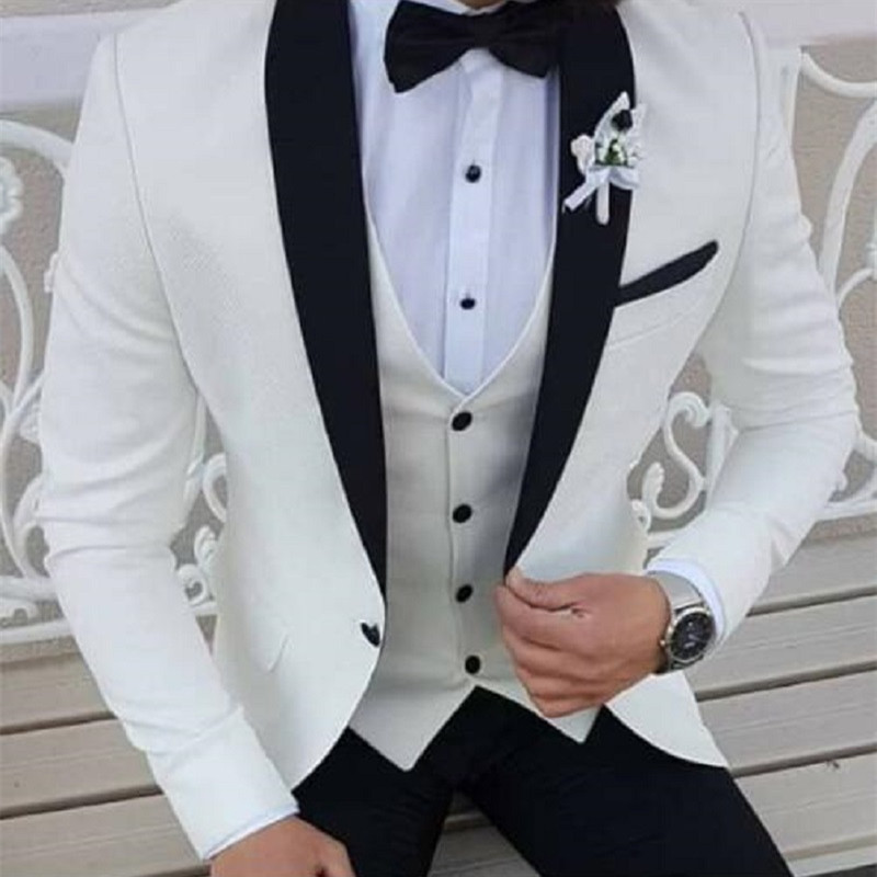 2022 neueste Mantel Hose Designs Weiß Männer Anzüge Schwarz Schal Revers Formale Smoking Hochzeit Anzüge Für Männer Prom Party Kleid mit Hosen