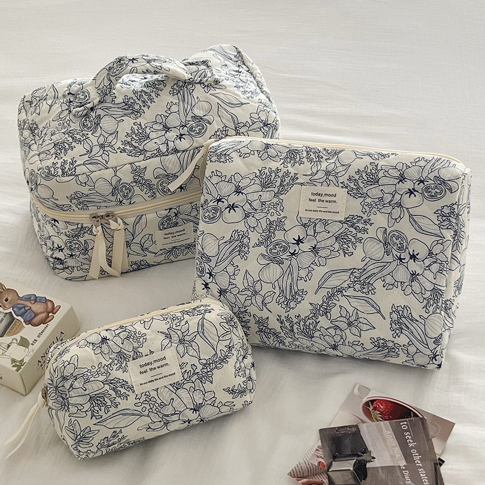 Bolsa de maquillaje acolchada de flores Vintage para mujer, organizador de viaje cosmético con cremallera portátil, bolso de mano para mujer, bolsa de aseo para niña 2024