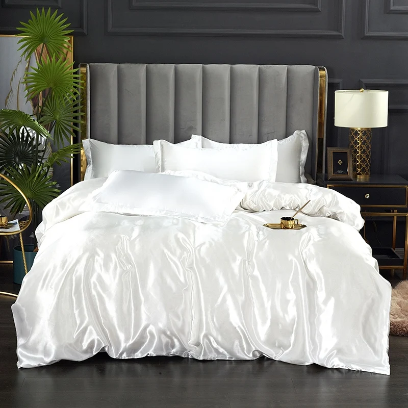 Set biancheria da letto in seta con copripiumino Lenzuolo Federa Lenzuolo in raso di lusso Tinta unita Doppio Singolo King Queen Full Twin Size
