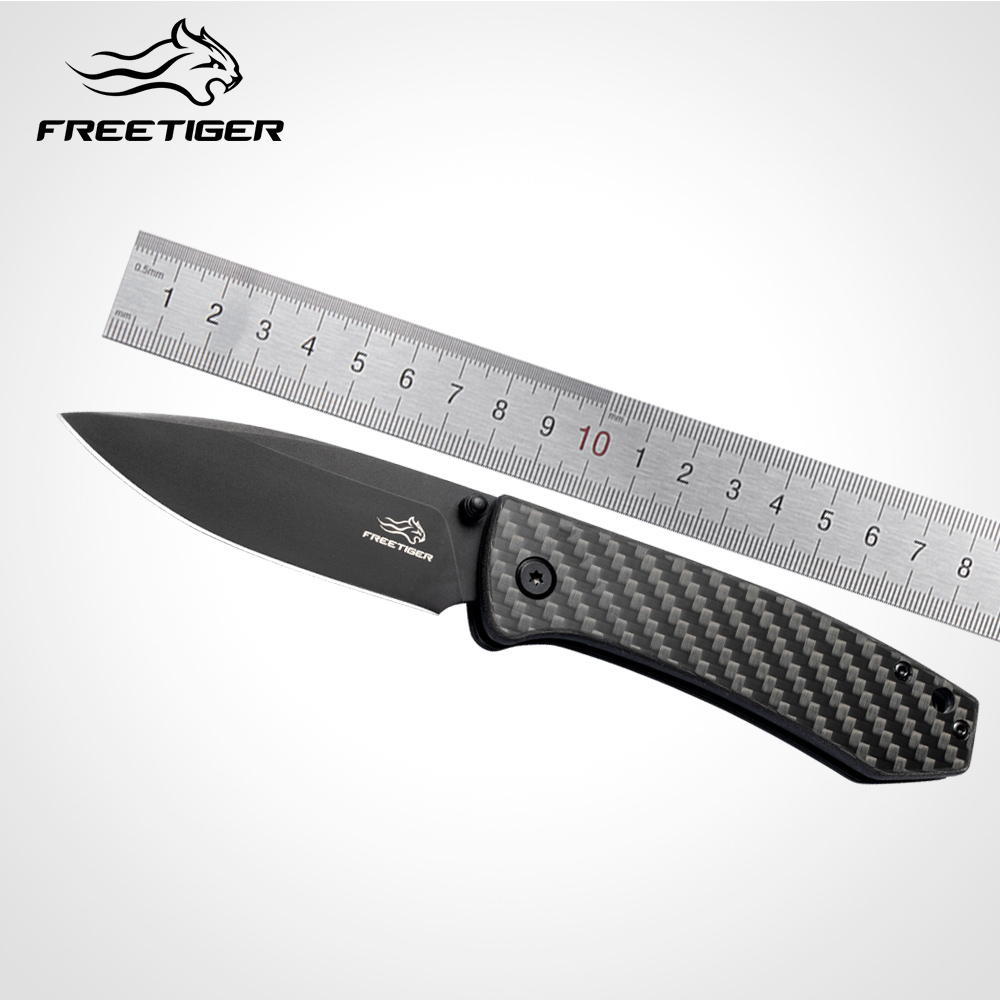 Cuchillo plegable FREETIGER FT2103 D2 con mango de fibra de carbono para caza, supervivencia, pesca, EDC, con clip de bolsillo, para camping.