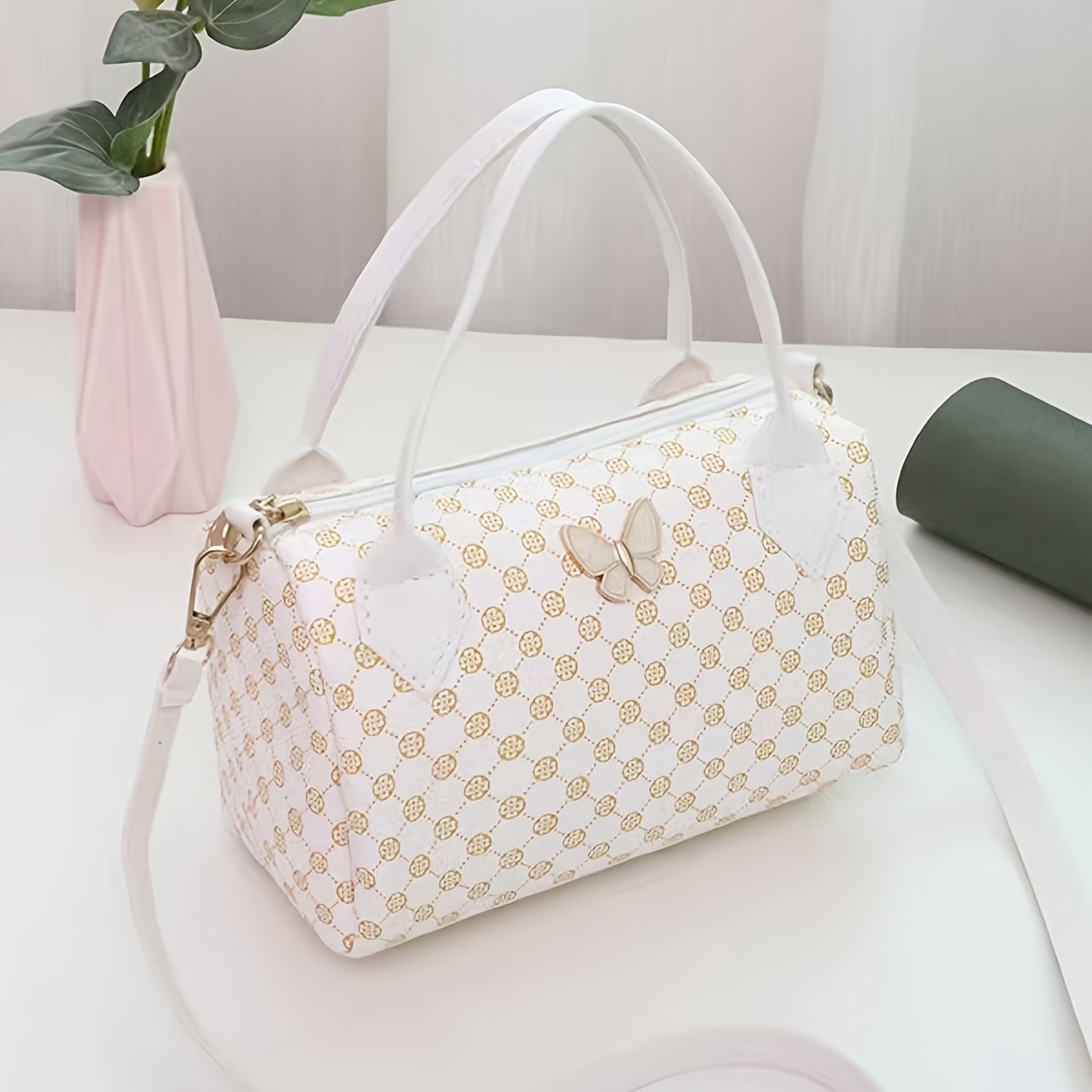 Borsa porta trucchi stampata retrò alla moda, Nuova borsa a tracolla dolce con farfalle, Borsa a tracolla da donna, Borsa Boston a pois